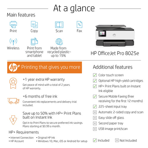 HP OfficeJet Pro HP 8025e All-in-One Printer, Home, Print, copy, scan, fax, HP+; HP Instant Ink eligible; Automatic document feeder; Two-sided printing