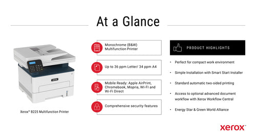 Xerox B225 Multifunction Printer, Print/Scan/Copy, Black and White Laser, Wireless, All In One