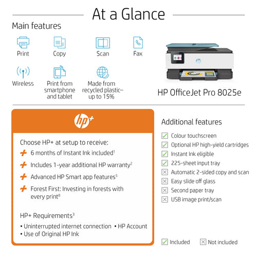 HP OfficeJet Pro HP 8025e All-in-One Printer, Home, Print, copy, scan, fax, HP+; HP Instant Ink eligible; Automatic document feeder; Two-sided printing